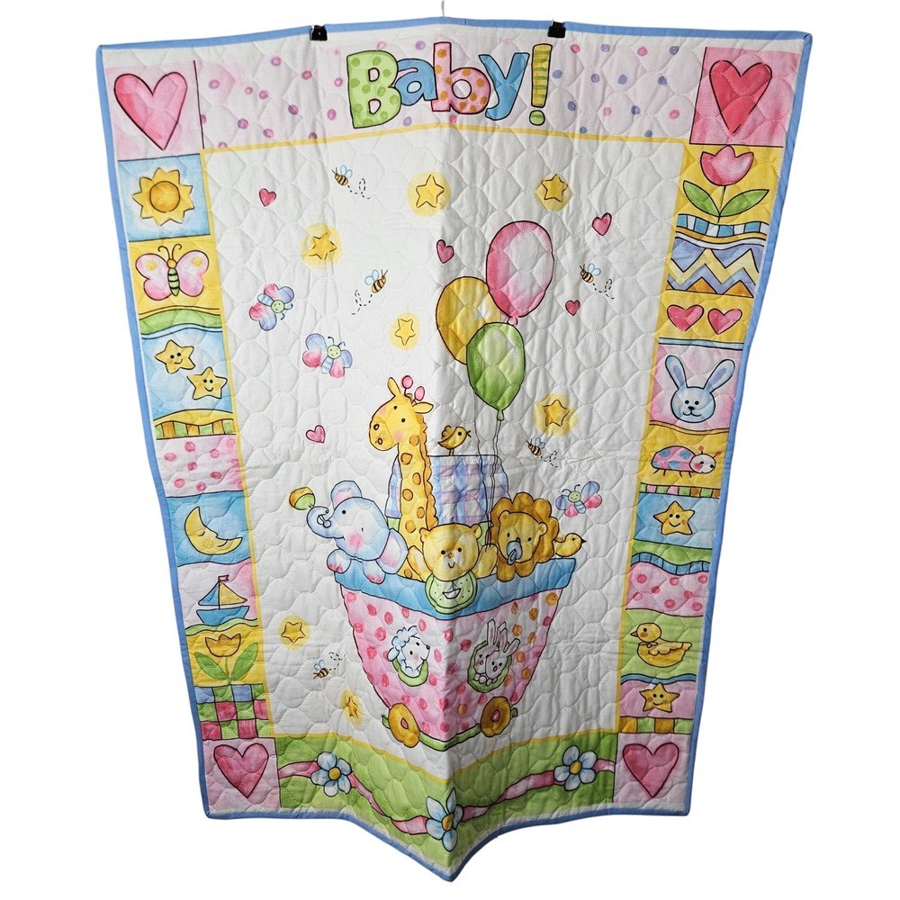 Vintage Style Baby Quilt Noahs Ark Animals Pastel Nursery Blanket 34x43